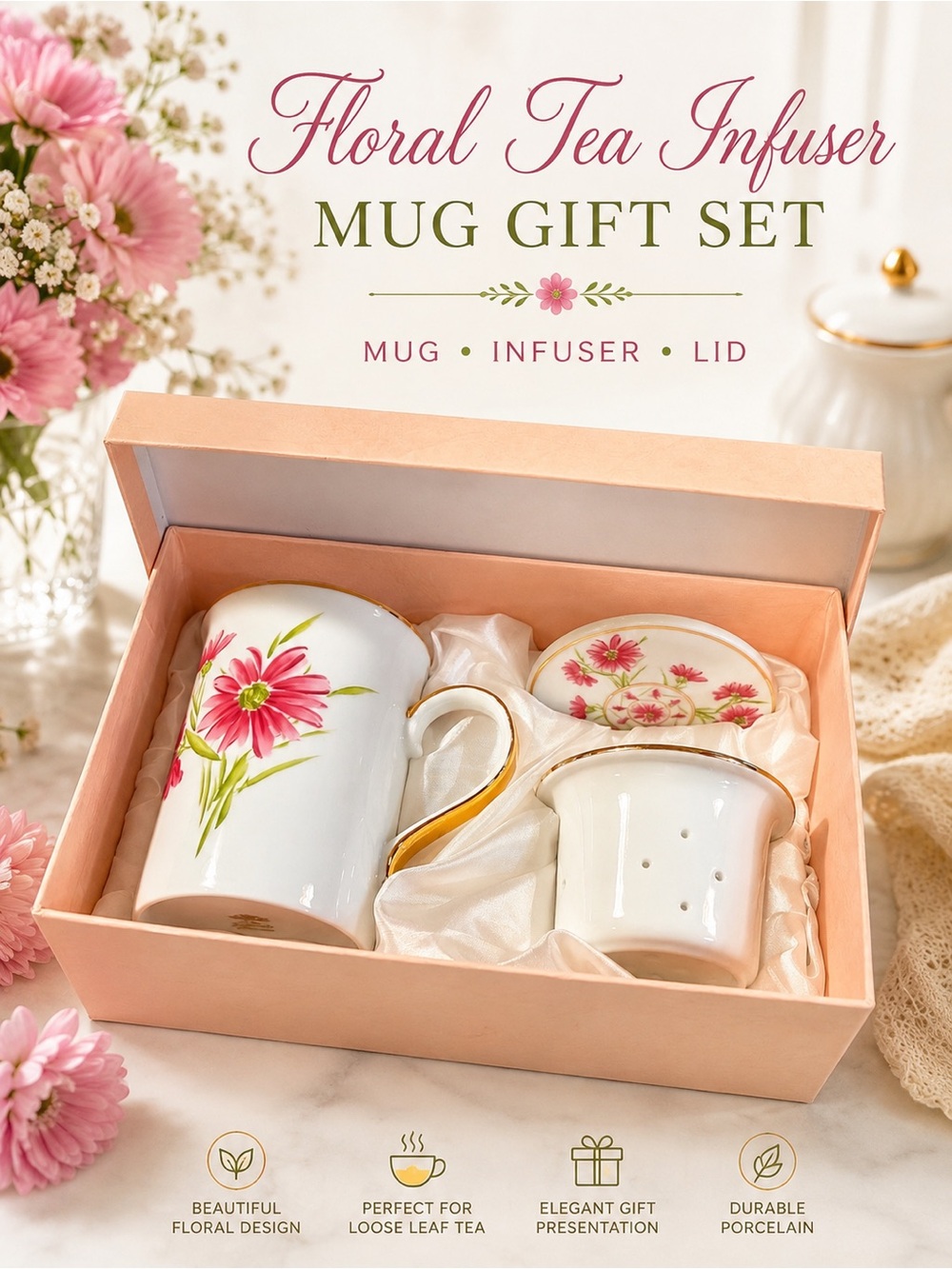 Floral Fine China Tea Mug with Infuser & Lid | The Leonardo Collection